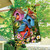 Spring Celebration Birdhouses House Flag with colorful birdhouses, birds, and flowers.