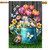 Garden Buddies House Flag with vibrant flowers, birds, and butterflies on a blue watering can.