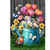 Garden Buddies House Flag with colorful flowers, birds, butterflies, and dragonflies on a green watering can.