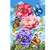 Butterflies and Peonies House Flag with colorful flowers, butterflies, and bees on a blue background.