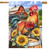 Farmyard Rooster House Flag with colorful rooster, sunflowers, and barn scene.