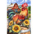 Vibrant rooster standing on barrel with sunflowers, set against rustic barn and fence backdrop, Farmyard Rooster House Flag.