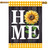 Sunflower Home House Flag with yellow sunflower, white HOME text on dark wood background with gingham trim.