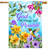 All Things Are Possible house flag with hummingbirds, flowers, and inspirational quote on blue background.
