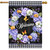 Hydrangea Wreath House Flag with purple flowers, butterflies, and welcome text on black background.