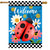 Ladybug Welcome House Flag with colorful flowers and checkered border on a blue background.