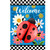 Ladybug Welcome House Flag with colorful flowers and checkered border on blue background.