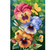 Pansy Trio House Flag with colorful pansy flowers, butterflies, dragonfly, and ladybugs on a green background.