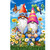 Two garden gnomes with colorful hats and clothes surrounded by flowers, birds, and a butterfly.