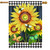 Blooming Sunflowers House Flag with yellow sunflowers, bees, and butterflies on a black and white background.