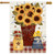 Farmers Market House Flag with sunflowers, mason jars, and bees on a red checkered tablecloth.