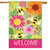 Buzzing Blooms House Flag with colorful flowers, bees, and welcome text on pink background.