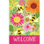 Buzzing Blooms House Flag with colorful flowers, bees, and 'WELCOME' on pink background.