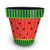 Large Watermelon Planter, red with green stripes and black seeds, colorful vibrant decorative garden pot.