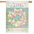 Pastel Easter Wreath House Flag with colorful eggs, bow, and Happy Easter text on wood background.