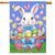 Easter Bunny Basket House Flag with colorful eggs, butterflies, and tulips featuring a white Easter bunny.