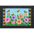 Busy Bees Doormat with colorful flowers and bees on a black background with yellow stripes.