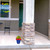 Small blue Star Spangled Planter with red rim and green plant on a house porch.