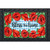 Bless This Home checkered floral doormat with red poppies and green leaves on blue background.
