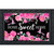 Home Sweet Home Hummingbirds Doormat with pink roses, hummingbirds, and black background and decorative border.