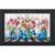 Blue Jar Bouquets Doormat with colorful flowers and blue jars on black and white checkered background.