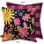 Spring Fling Indoor/Outdoor Pillow, floral design on black background with pink, yellow, orange flowers, purple plaid back.