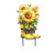 Yellow rain boots with black bows and sunflowers on a metal stand for garden decoration.