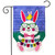 Happy Easter Bunny burlap garden flag with colorful bunny, chick, and "Happy Easter" banner design.