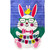 Happy Easter Bunny burlap garden flag with colorful design and green glasses on smiling white bunny.