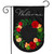 Black garden flag with floral wreath and welcome text, burlap material, red and peach flowers.