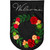 Black garden flag with floral wreath and "Welcome" in white cursive, featuring red, green flowers.