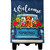 Puppy Pickup Burlap Garden Flag with colorful flowers, dog, and spring welcome message on blue truck.