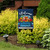 Puppy Pickup Burlap Garden Flag with spring flowers and welcome message on blue truck design.