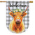 Checkered Highland Cow Burlap House Flag with floral crown and welcome text on gray background.