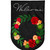 Black burlap house flag with floral wreath and Welcome text, featuring red, green, and peach flowers.