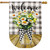 Welcome Farmhouse Jar Burlap House Flag with daisies and checkered ribbon on wooden table background.