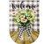 Welcome Farmhouse Jar Burlap House Flag with daisies and plaid ribbon on wooden background.