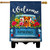 Puppy Pickup Burlap House Flag with colorful flowers and spring theme on blue truck background.