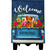 Puppy Pickup Burlap House Flag with colorful flowers and 'Welcome Spring' on a blue truck.