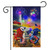 Beachfront Fireworks LED Burlap Garden Flag with patriotic beach chairs and lighthouse at sunset.