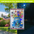 Celebrate America Pickup LED Burlap Garden Flag with blue truck and colorful patriotic decorations.