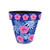 Small blue planter with pink flowers and tropical leaves, tropical design on a white background.