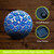 Blue and white scalloped solar LED mosaic gazing ball with solar panels and on/off button.