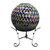 Organic purple and green solar LED glass gazing ball on a black metal stand with colorful mosaic.
