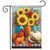 Autumn Still Life Garden Flag with sunflowers, cardinals, pumpkins, and fall leaves on a plaid background.
