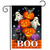 Boo Garden Flag with black cat, jack-o-lanterns, ghosts, and bat on orange plaid background.