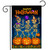 Skeleton Dance Party Garden Flag with three dancing skeletons on jack-o-lanterns and Happy Halloween text.