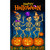 Skeleton Dance Party Garden Flag with dancing skeletons and pumpkins on a dark blue background.