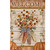 Autumn Corn Garden Flag with welcome sign, corn, pumpkins, and fall flowers on wood background.