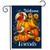 Pumpkin Patch Friends Garden Flag with birds, pumpkins, and sunflowers on a dark blue background.